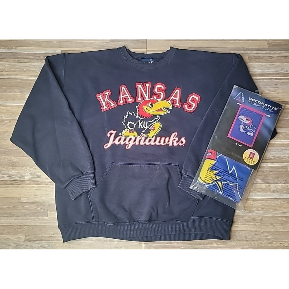 Vintage 90's Kansas Jayhawks Sweatshirt XL J&M USA Tag‎ w/ New Jayhawks Flag!
